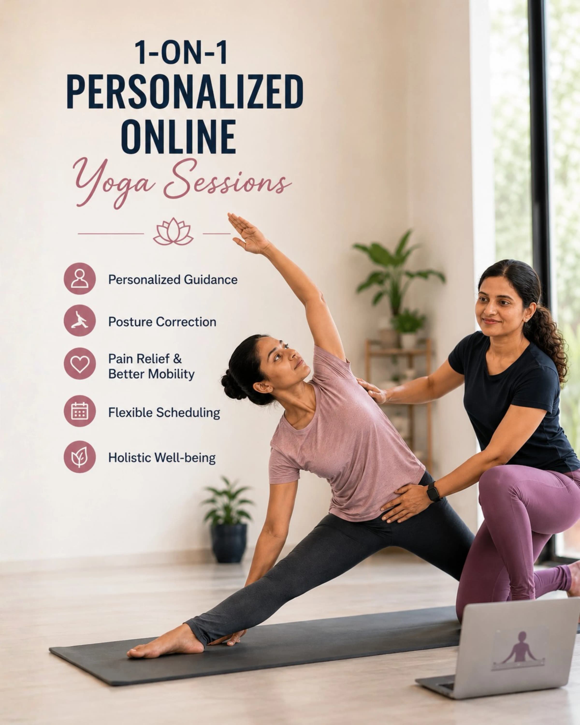 1-on-1 Personalized Online Yoga Sessions taught by experienced Indian yoga instructor online in English